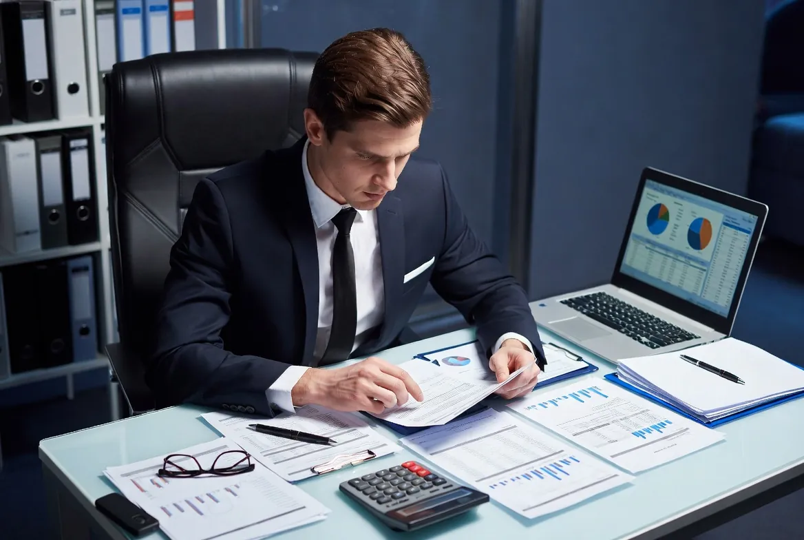 Contador analisando relatórios e demonstrativos financeiros